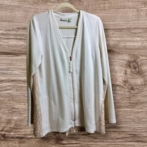 Lori Goldstein logo lounge, ivory lace back full zip sweatshirt, medium